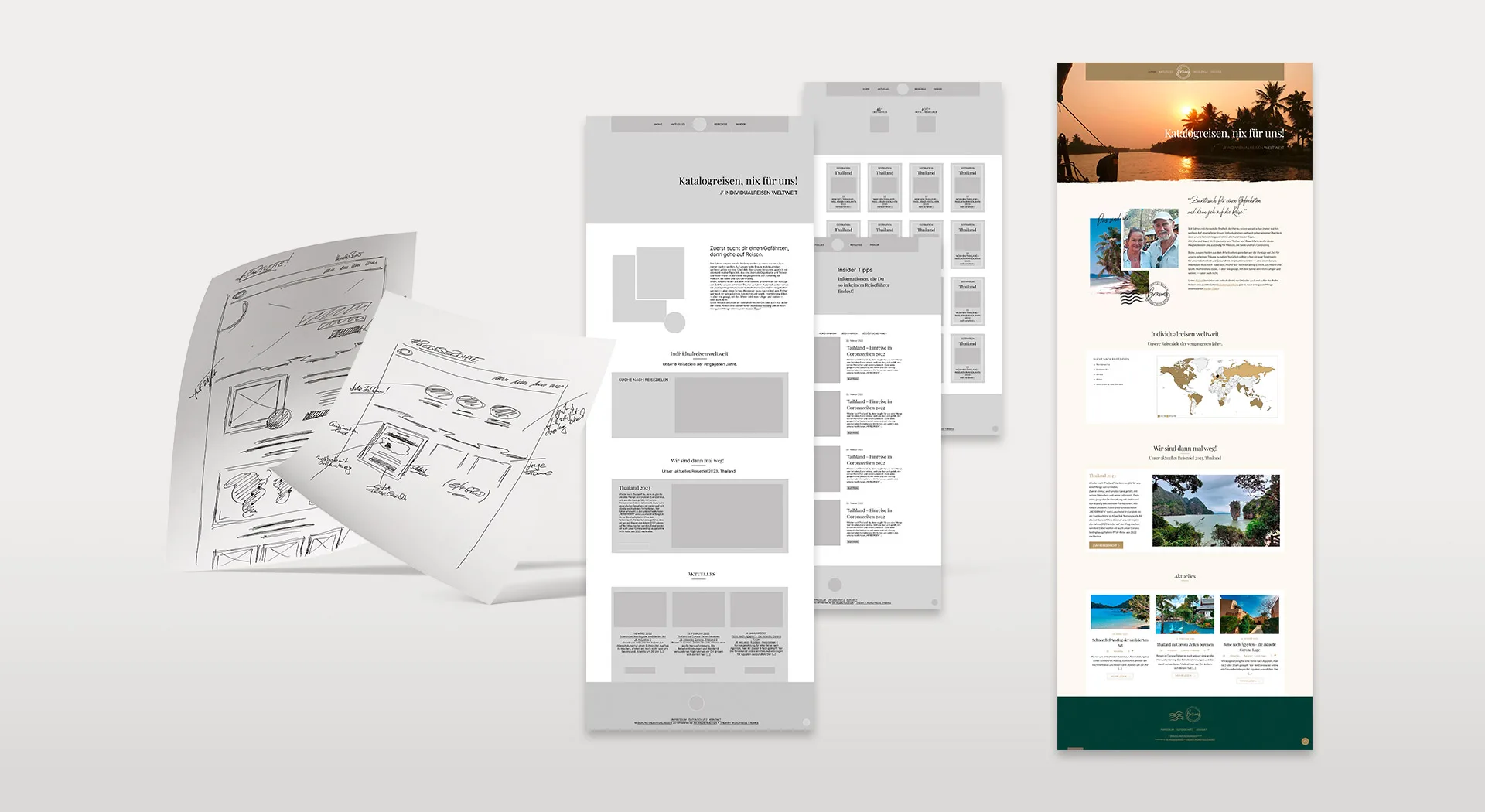 Individual Reisen Weltweit: Entwicklung von Handskizzen über Seitenraster zum fertigen Weblayout