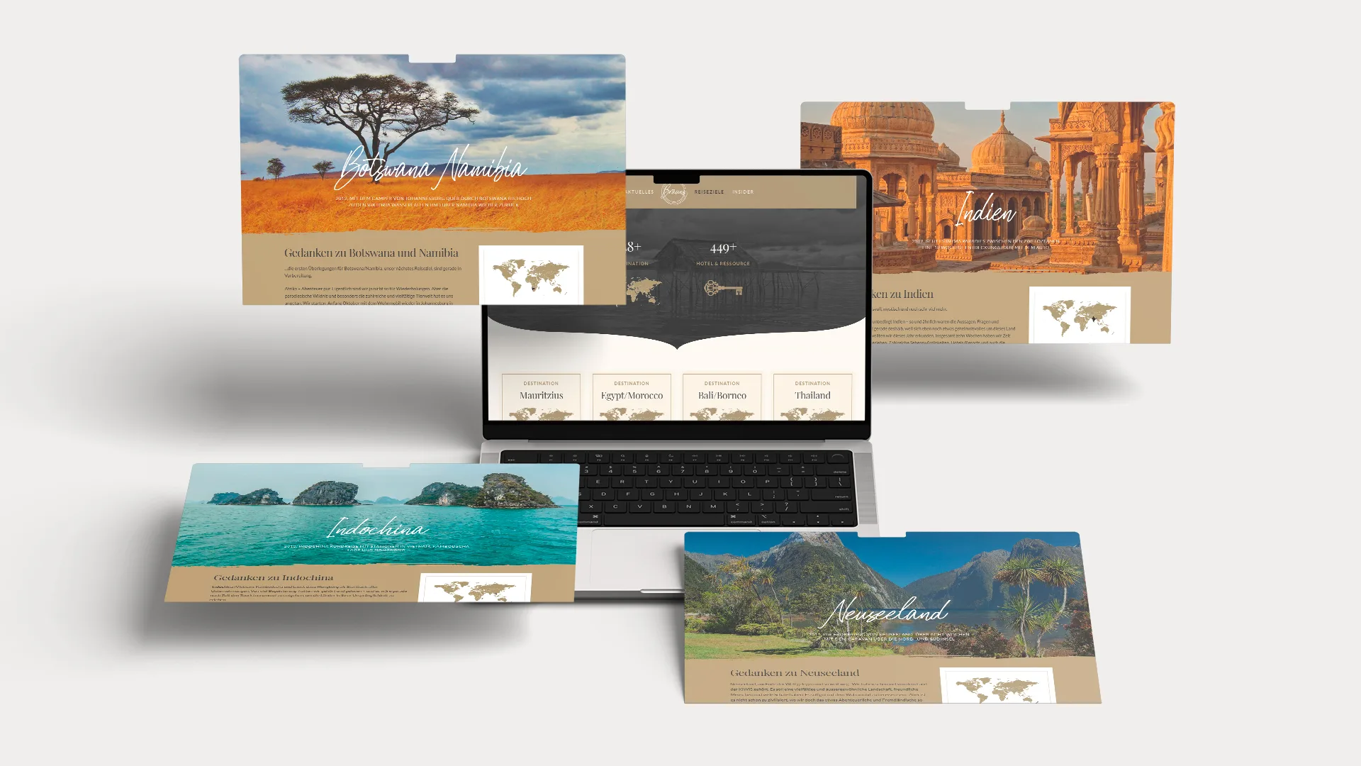 Individual Reisen Weltweit: Reisezielseiten mit Savanne, Tempel, Inseln und Berglandschaft rund um einen Laptop