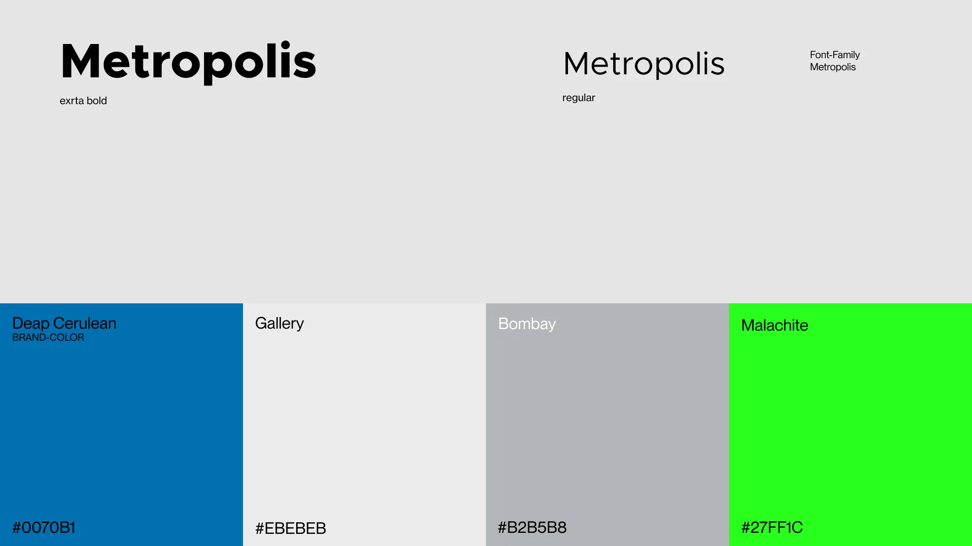 KONOS: Schrift Metropolis und eine Farbpalette aus Blau, Hellgrau, Grau und leuchtendem Grün