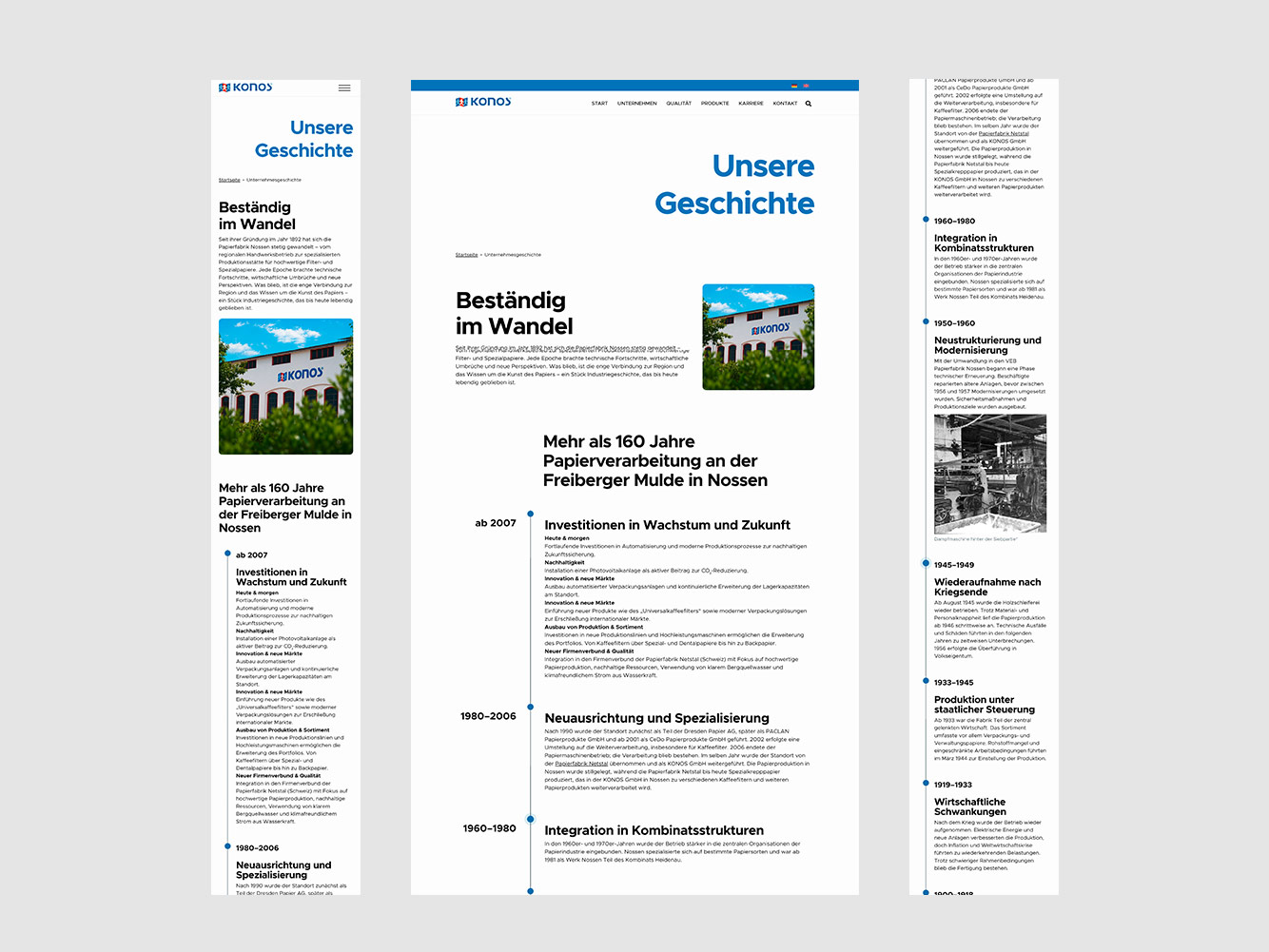 KONOS-Unternehmensgeschichte als Zeitleiste in Desktop- und Mobilansicht mit historischen Fotos