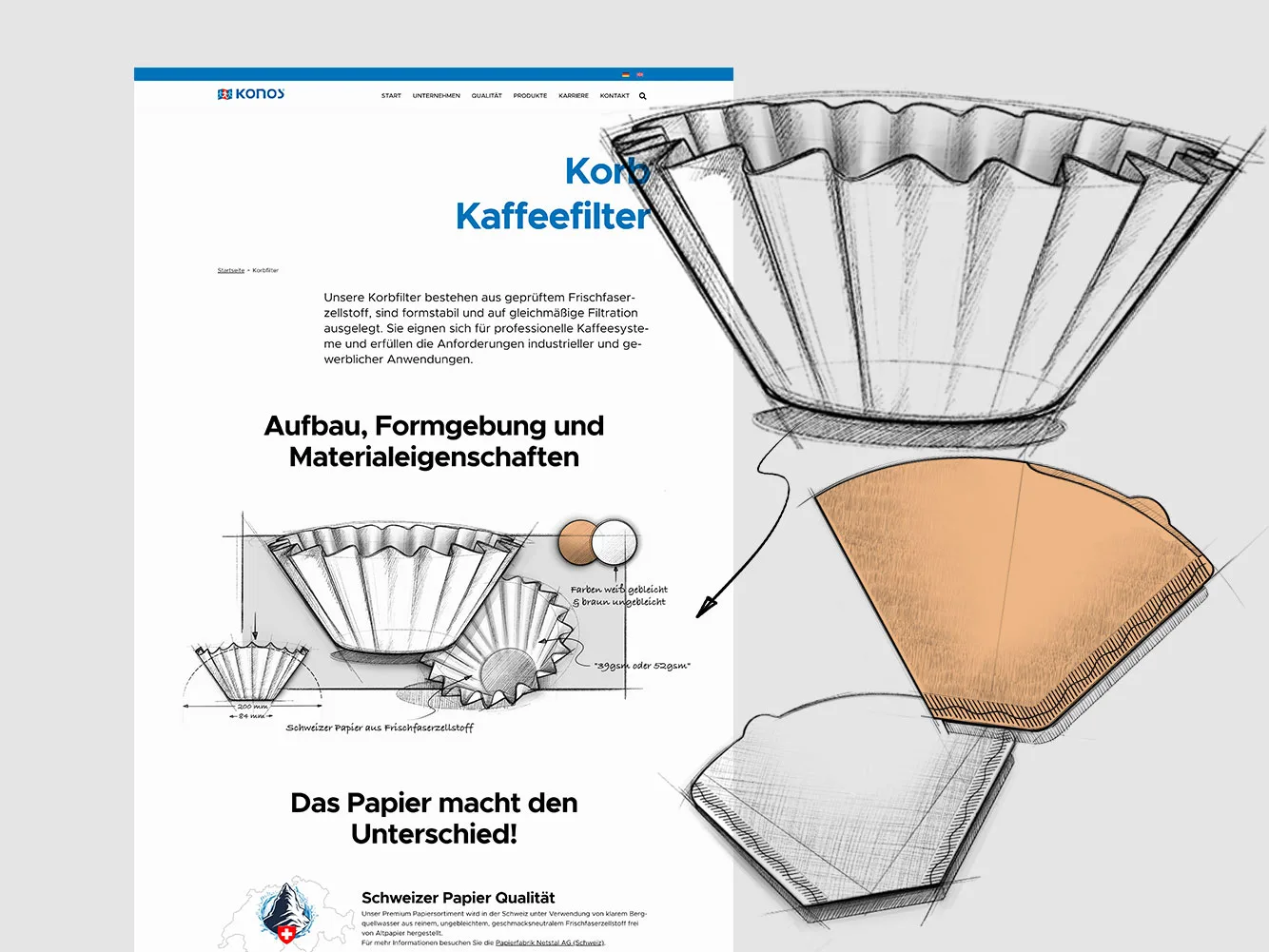 KONOS: Korbkaffeefilter als technische Zeichnungen und Papierlagen neben dem zugehörigen Weblayout