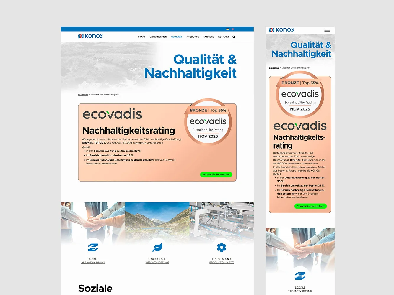 KONOS-Seite „Qualität & Nachhaltigkeit“ mit EcoVadis-Bronzeauszeichnung in Desktop- und Mobilansicht