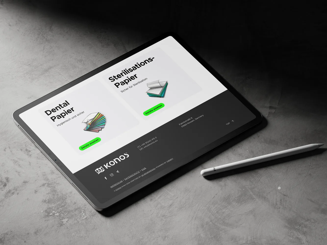 KONOS-Produktseite auf einem Tablet mit Dentalpapier, Sterilisationspapier und grünen Schaltflächen